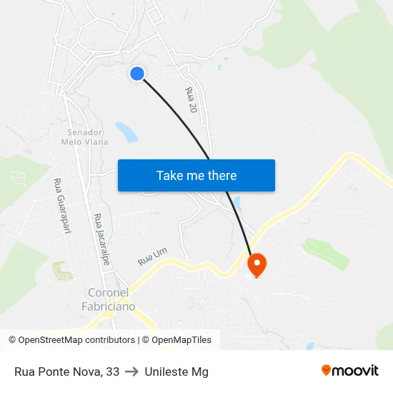 Rua Ponte Nova, 33 to Unileste Mg map