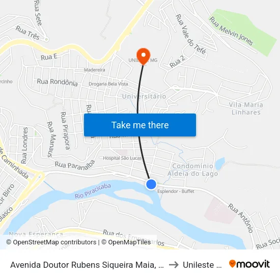 Avenida Doutor Rubens Siqueira Maia, 1244 to Unileste Mg map