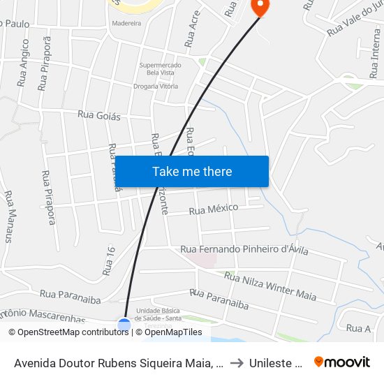 Avenida Doutor Rubens Siqueira Maia, 778 to Unileste Mg map