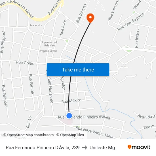 Rua Fernando Pinheiro D'Ávila, 239 to Unileste Mg map