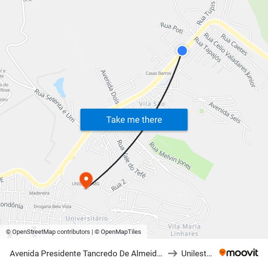 Avenida Presidente Tancredo De Almeida Neves, 4875 to Unileste Mg map