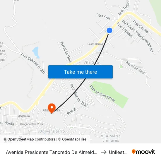 Avenida Presidente Tancredo De Almeida Neves, 4875 to Unileste Mg map