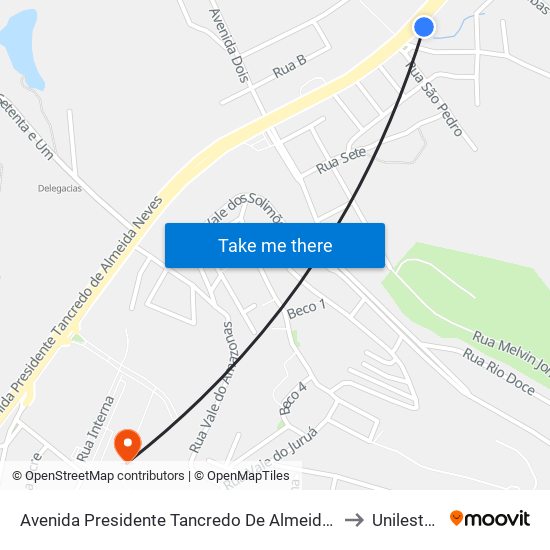 Avenida Presidente Tancredo De Almeida Neves, 4596 to Unileste Mg map