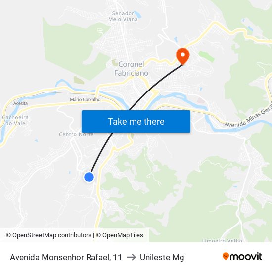 Avenida Monsenhor Rafael, 11 to Unileste Mg map