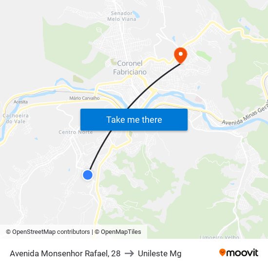 Avenida Monsenhor Rafael, 28 to Unileste Mg map