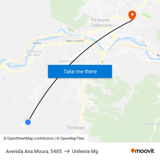 Avenida Ana Moura, 5485 to Unileste Mg map