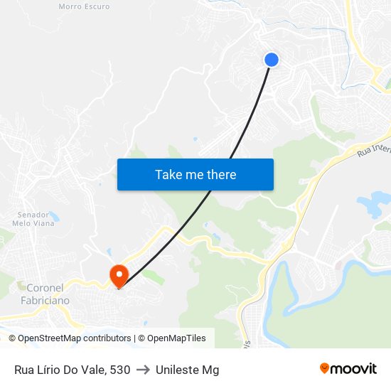 Rua Lírio Do Vale, 530 to Unileste Mg map