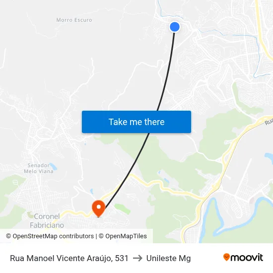 Rua Manoel Vicente Araújo, 531 to Unileste Mg map