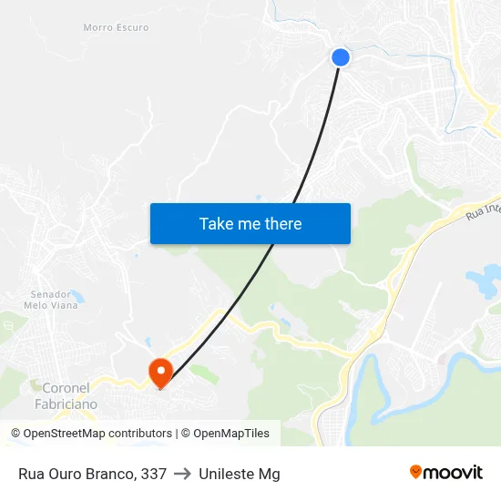 Rua Ouro Branco, 337 to Unileste Mg map