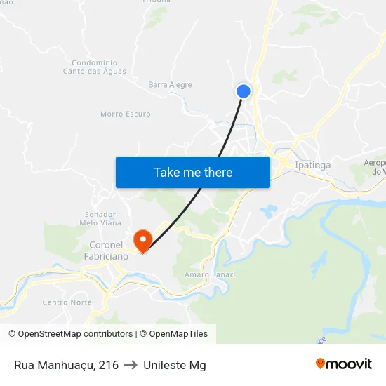 Rua Manhuaçu, 216 to Unileste Mg map