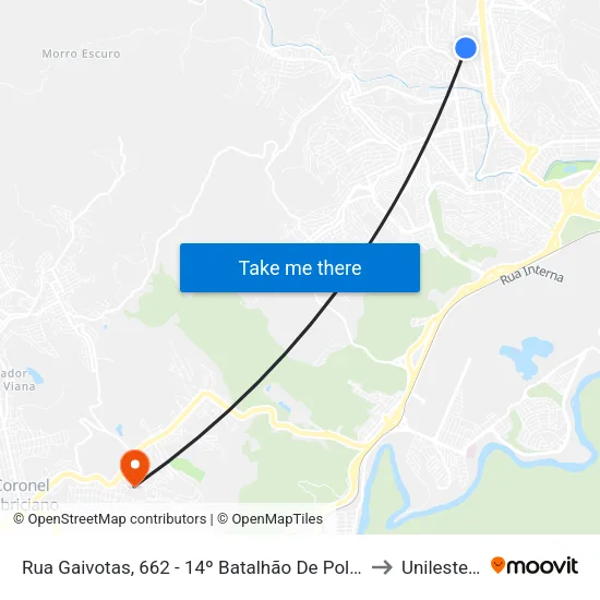 Rua Gaivotas, 662 - 14º Batalhão De Polícia Militar to Unileste Mg map