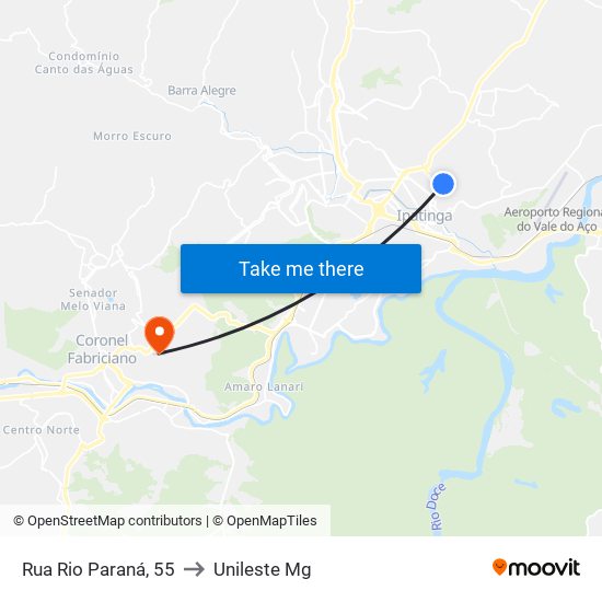 Rua Rio Paraná, 55 to Unileste Mg map
