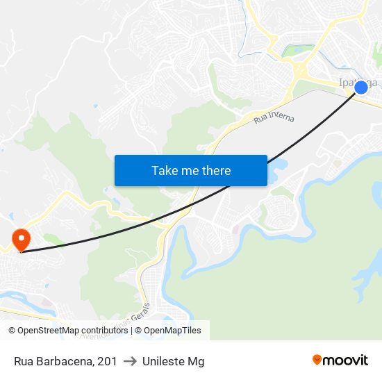 Rua Barbacena, 201 to Unileste Mg map