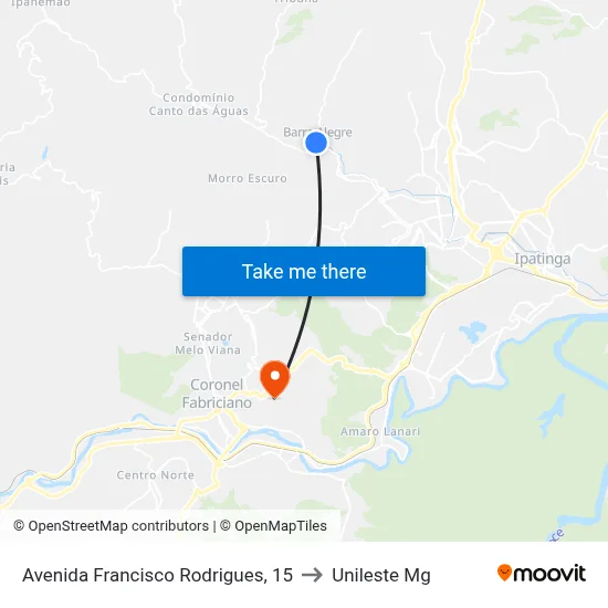 Avenida Francisco Rodrigues, 15 to Unileste Mg map
