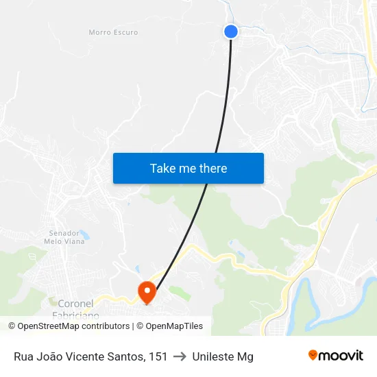 Rua João Vicente Santos, 151 to Unileste Mg map