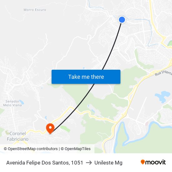 Avenida Felipe Dos Santos, 1051 to Unileste Mg map