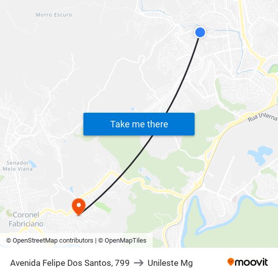Avenida Felipe Dos Santos, 799 to Unileste Mg map