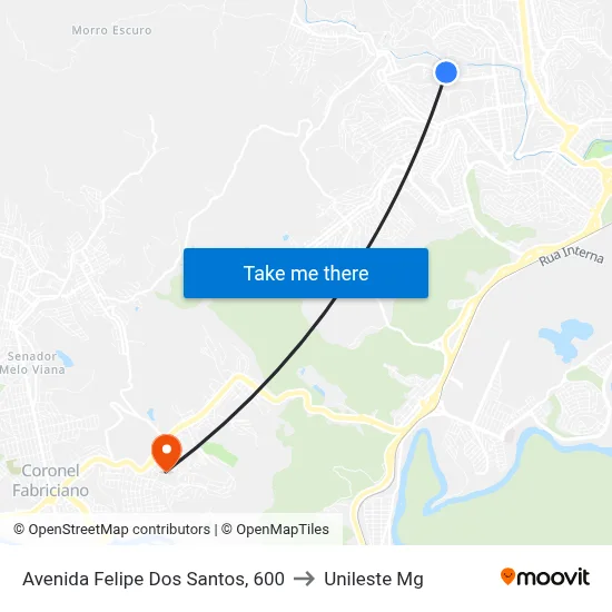 Avenida Felipe Dos Santos, 600 to Unileste Mg map