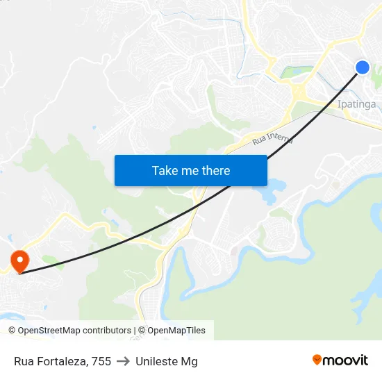 Rua Fortaleza, 755 to Unileste Mg map