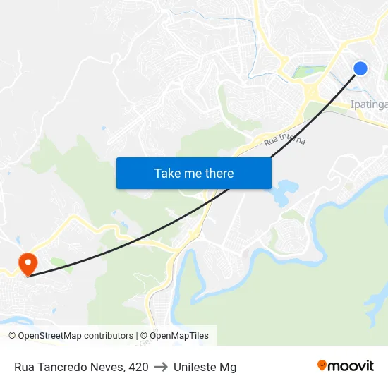 Rua Tancredo Neves, 420 to Unileste Mg map