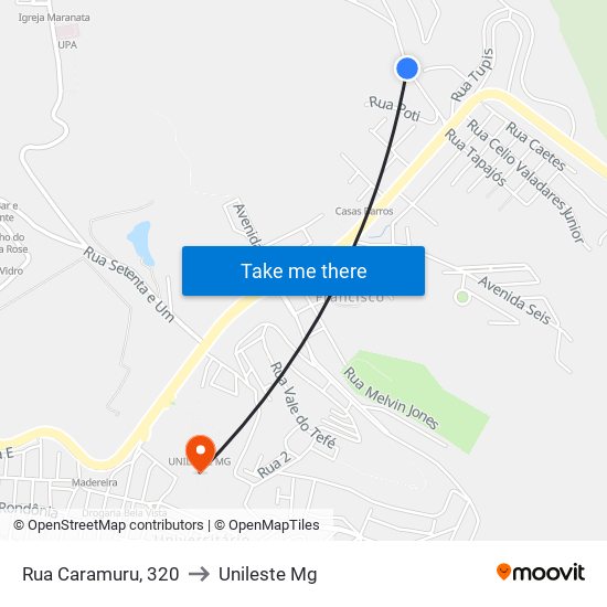 Rua Caramuru, 320 to Unileste Mg map