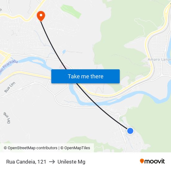 Rua Candeia, 121 to Unileste Mg map