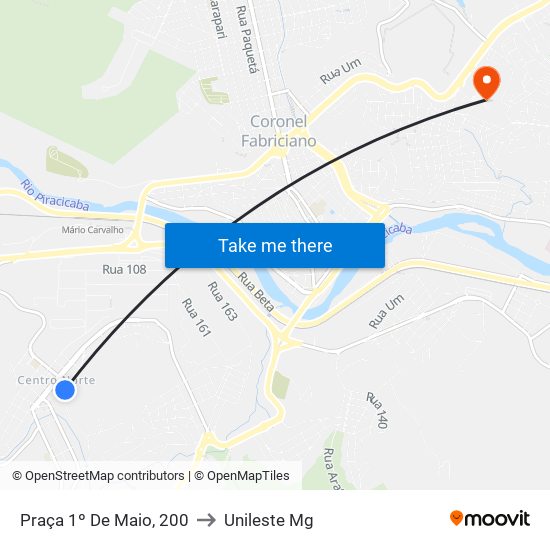 Praça 1º De Maio, 200 to Unileste Mg map