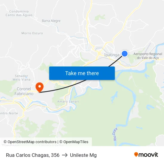 Rua Carlos Chagas, 356 to Unileste Mg map