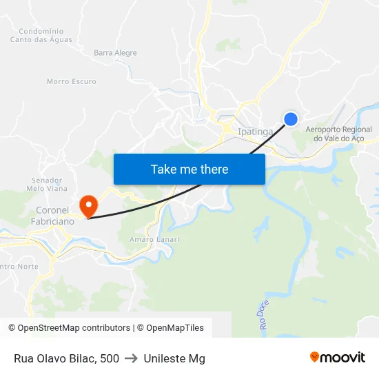 Rua Olavo Bilac, 500 to Unileste Mg map