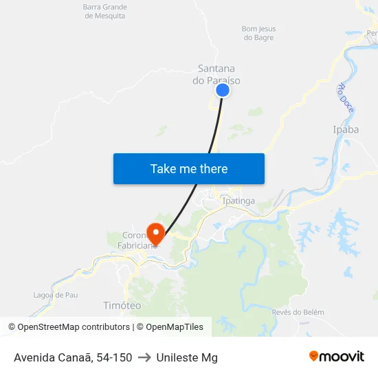 Avenida Canaã, 54-150 to Unileste Mg map