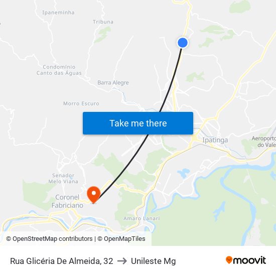 Rua Glicéria De Almeida, 32 to Unileste Mg map