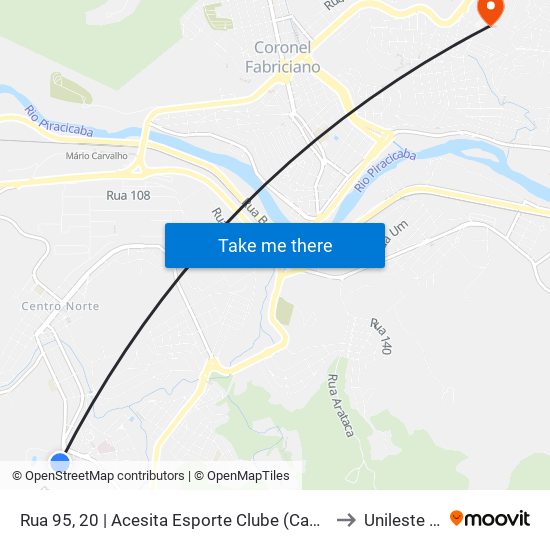 Rua 95, 20 | Acesita Esporte Clube (Campestre) to Unileste Mg map