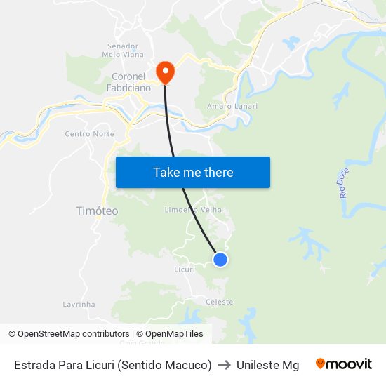 Estrada Para Licuri (Sentido Macuco) to Unileste Mg map