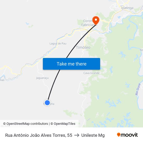 Rua Antônio João Alves Torres, 55 to Unileste Mg map