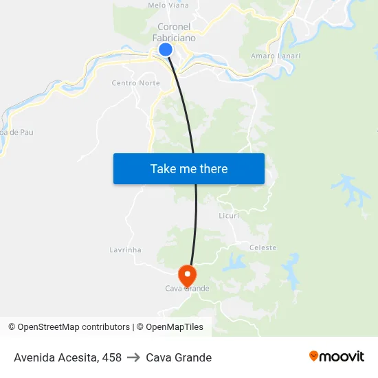 Avenida Acesita, 458 to Cava Grande map