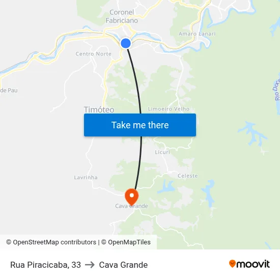 Rua Piracicaba, 33 to Cava Grande map