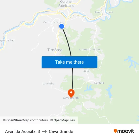 Avenida Acesita, 3 to Cava Grande map