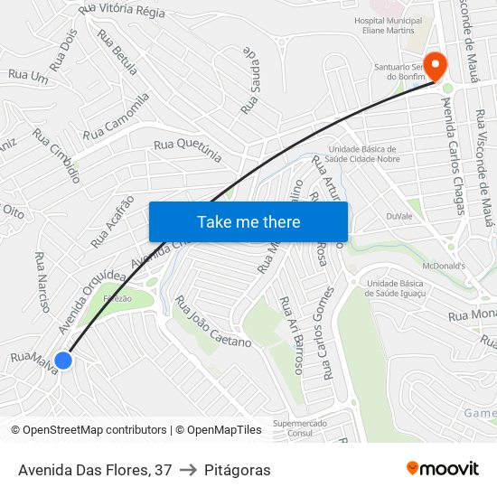 Avenida Das Flores, 37 to Pitágoras map