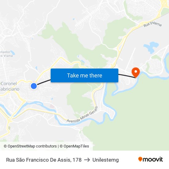 Rua São Francisco De Assis, 178 to Unilestemg map