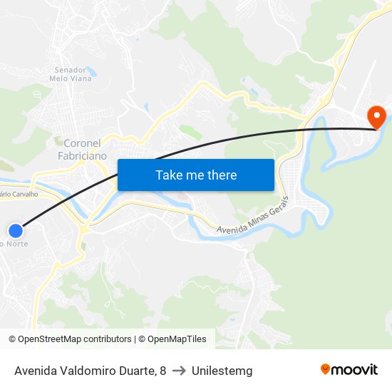 Avenida Valdomiro Duarte, 8 to Unilestemg map