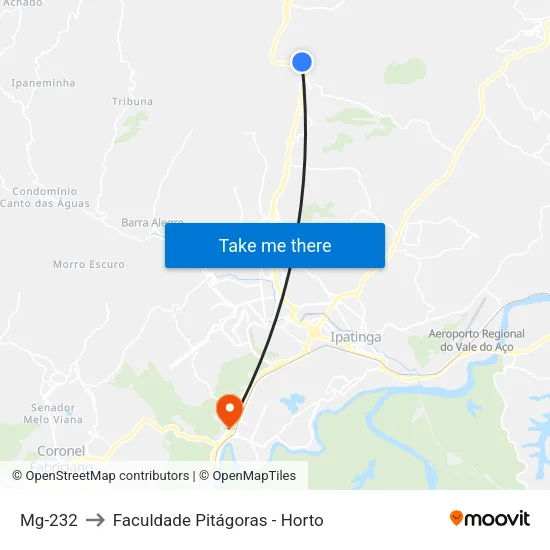 Mg-232 to Faculdade Pitágoras - Horto map