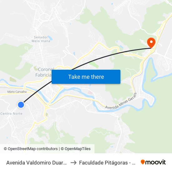 Avenida Valdomiro Duarte, 30 to Faculdade Pitágoras - Horto map