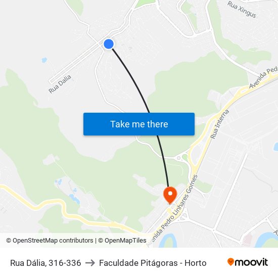 Rua Dália, 316-336 to Faculdade Pitágoras - Horto map
