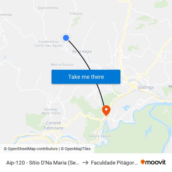 Aip-120 - Sítio D'Na Maria (Sentido Ipatinga) to Faculdade Pitágoras - Horto map