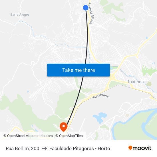 Rua Berlim, 200 to Faculdade Pitágoras - Horto map