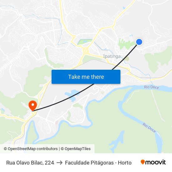 Rua Olavo Bilac, 224 to Faculdade Pitágoras - Horto map