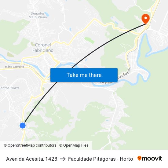 Avenida Acesita, 1428 to Faculdade Pitágoras - Horto map