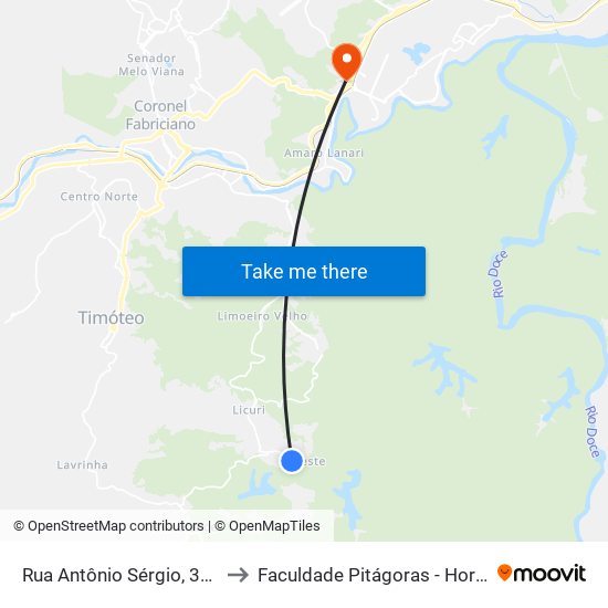 Rua Antônio Sérgio, 355 to Faculdade Pitágoras - Horto map