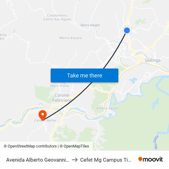 Avenida Alberto Geovannini, 15 to Cefet Mg Campus Timóteo map
