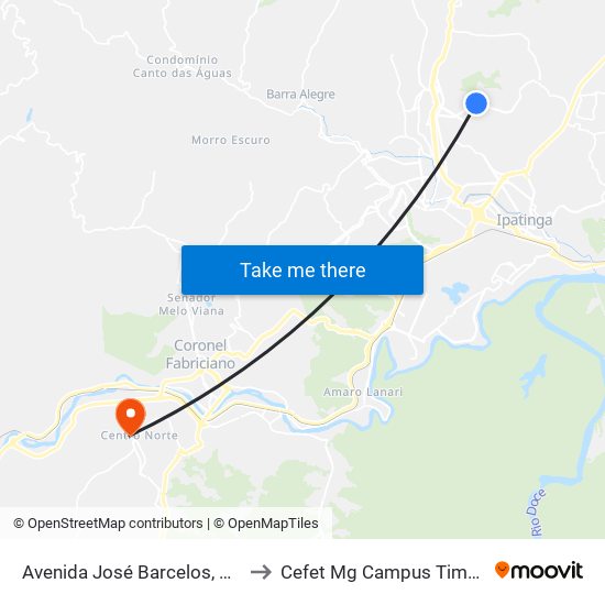 Avenida José Barcelos, 1363 to Cefet Mg Campus Timóteo map